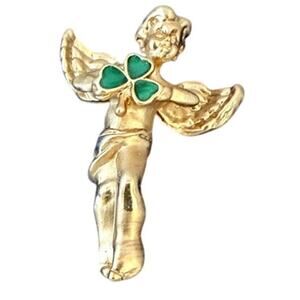 Avon Angel Pin Brooch Green Clover Gold Tone 2005 Vintage Lapel Pin NIB